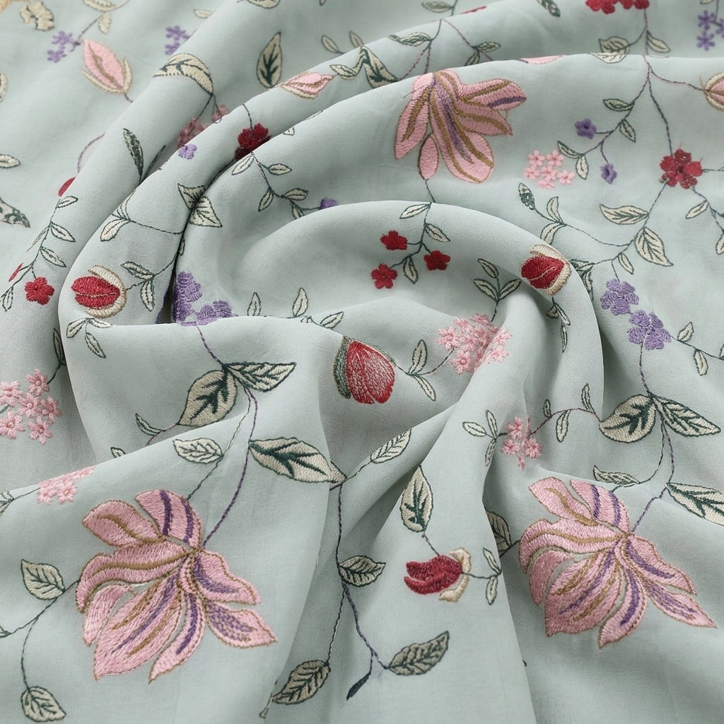 Swirled Sky Blue Embroidery Georgette Fabric Showing Floral and Drape