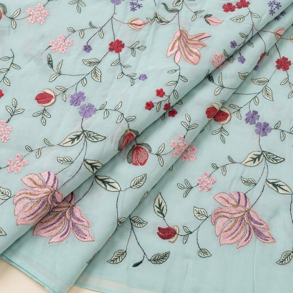 Folded Sky Blue Embroidery Georgette Fabric