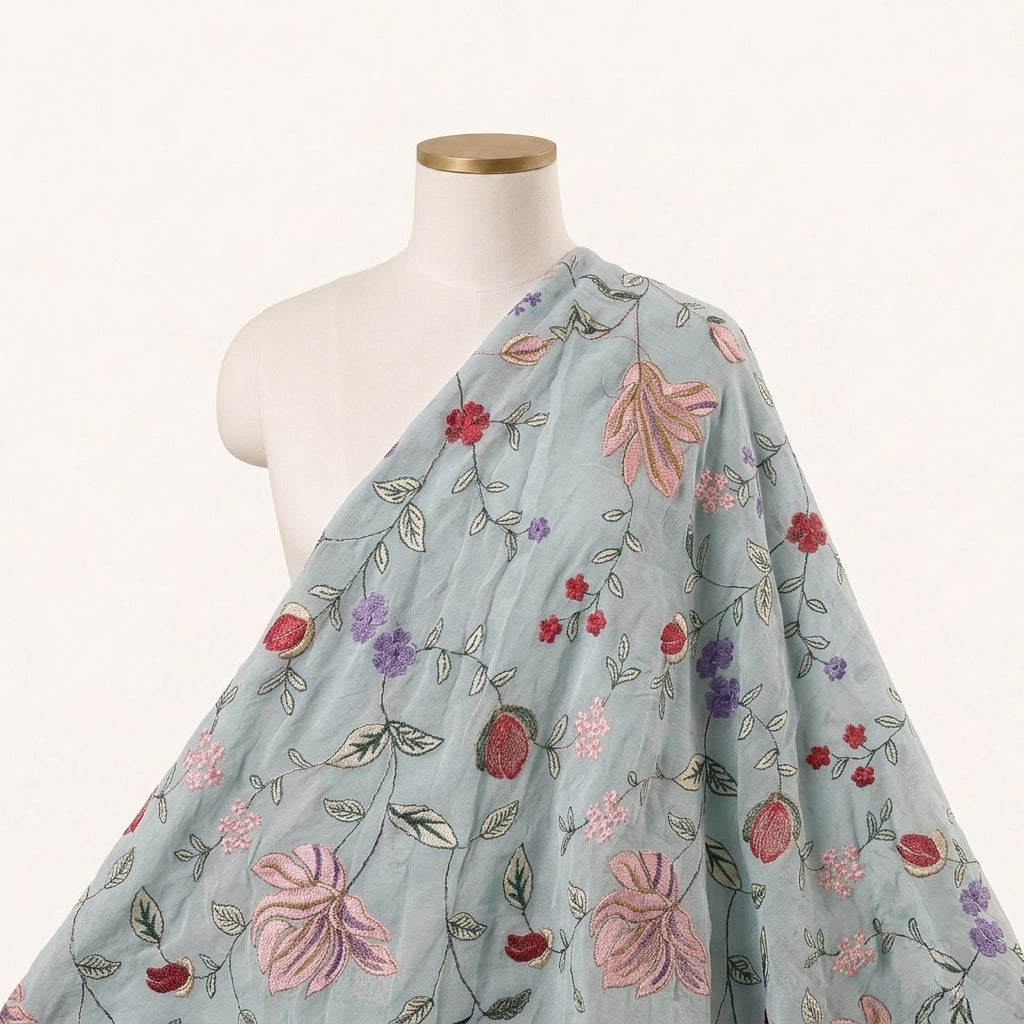 Sky Blue Embroidery Georgette Fabric Draped as a saree