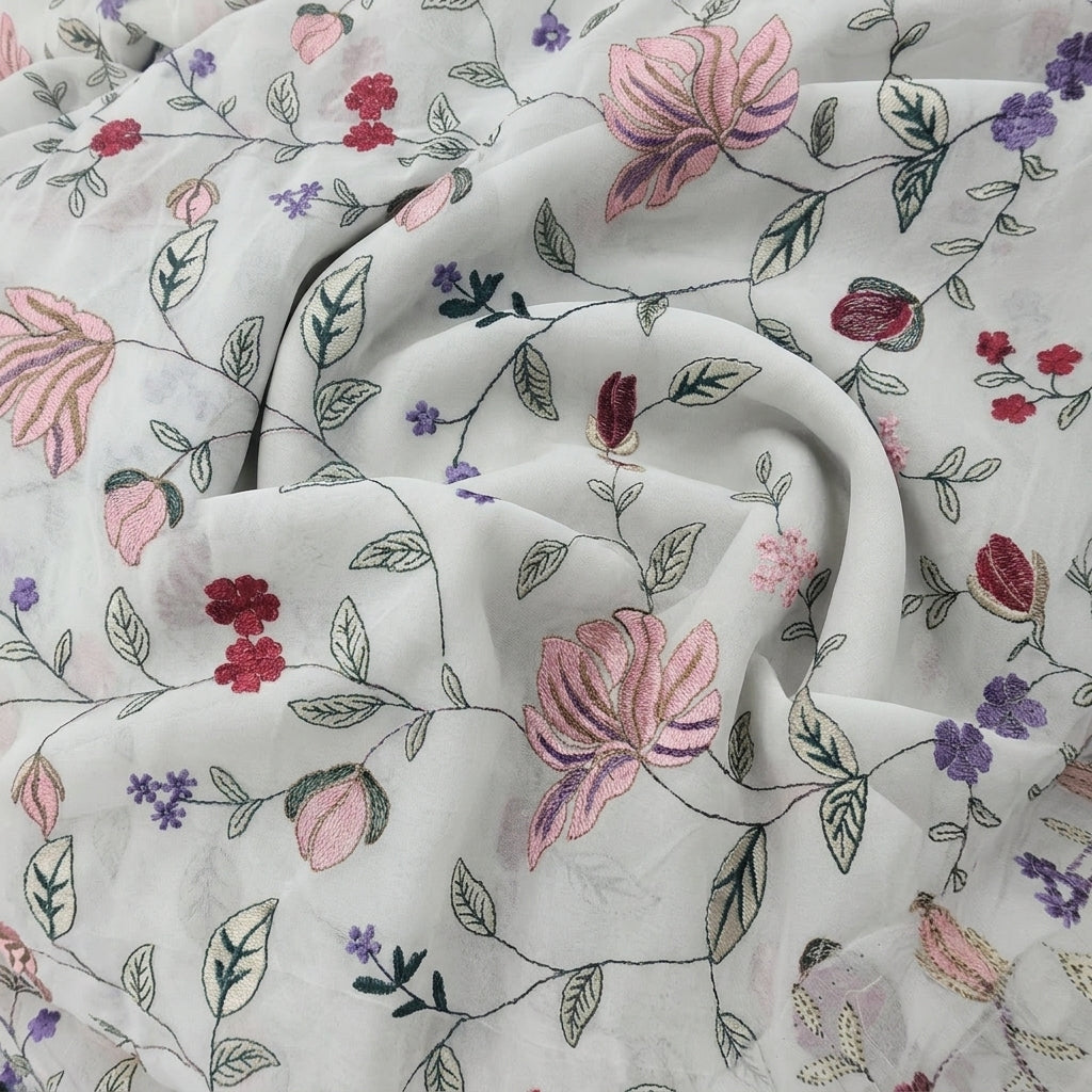 White Floral Embroidery Georgette Fabric, swirled to show the drape