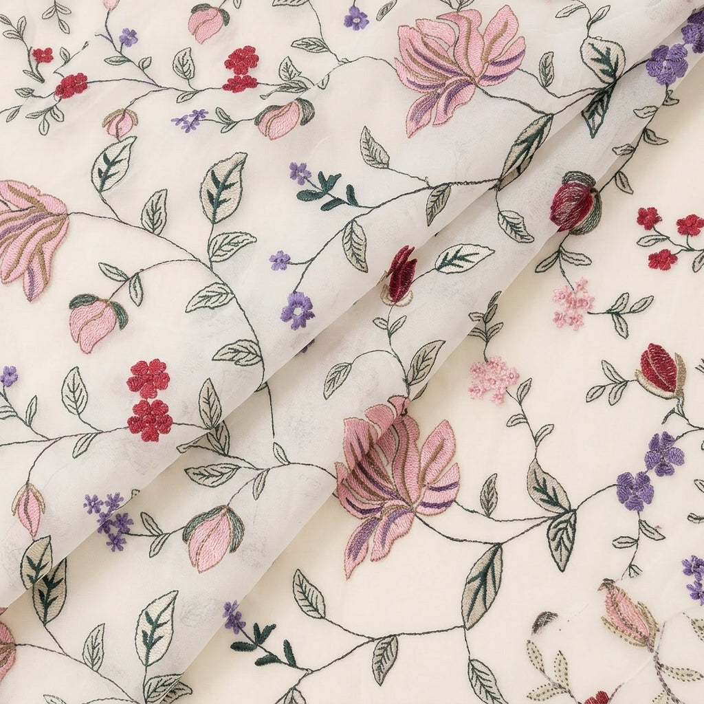 Folded White Embroidery Georgette Fabric
