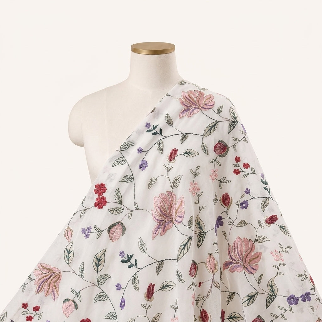 White Embroidery Georgette Fabric Draped as a saree