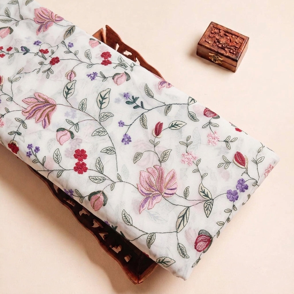 White Floral Embroidery Georgette Fabric, folded