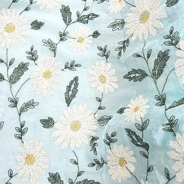 Blue Floral Embroidery Georgette Fabric, laid flat