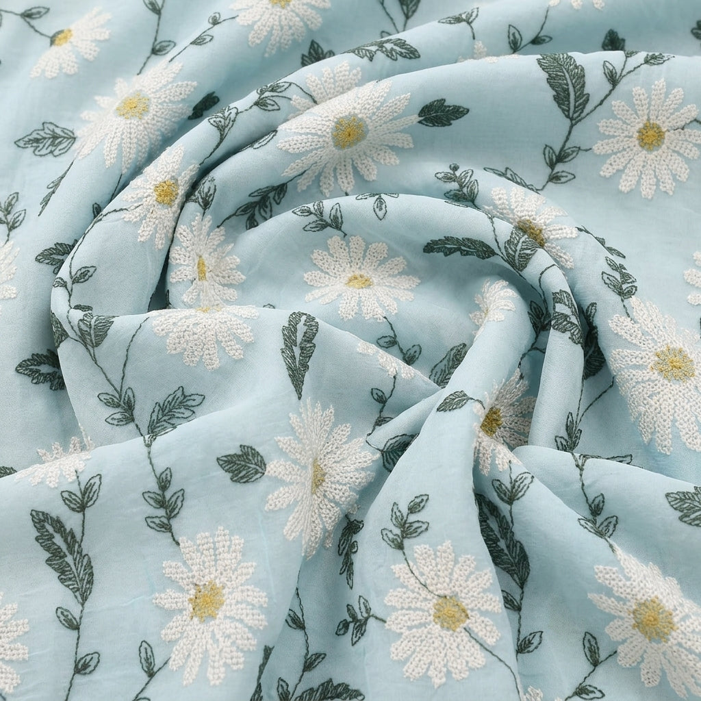 Swirled Blue Embroidery Georgette Fabric Showing Floral and Drape