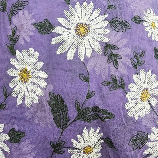 Purple Floral Embroidery Georgette Fabric, laid flat