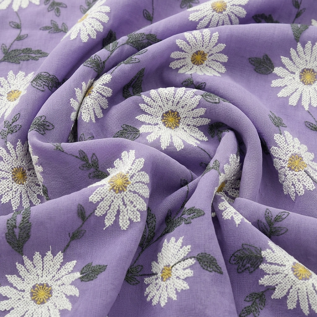Swirled Purple Embroidery Georgette Fabric Showing Floral and Drape
