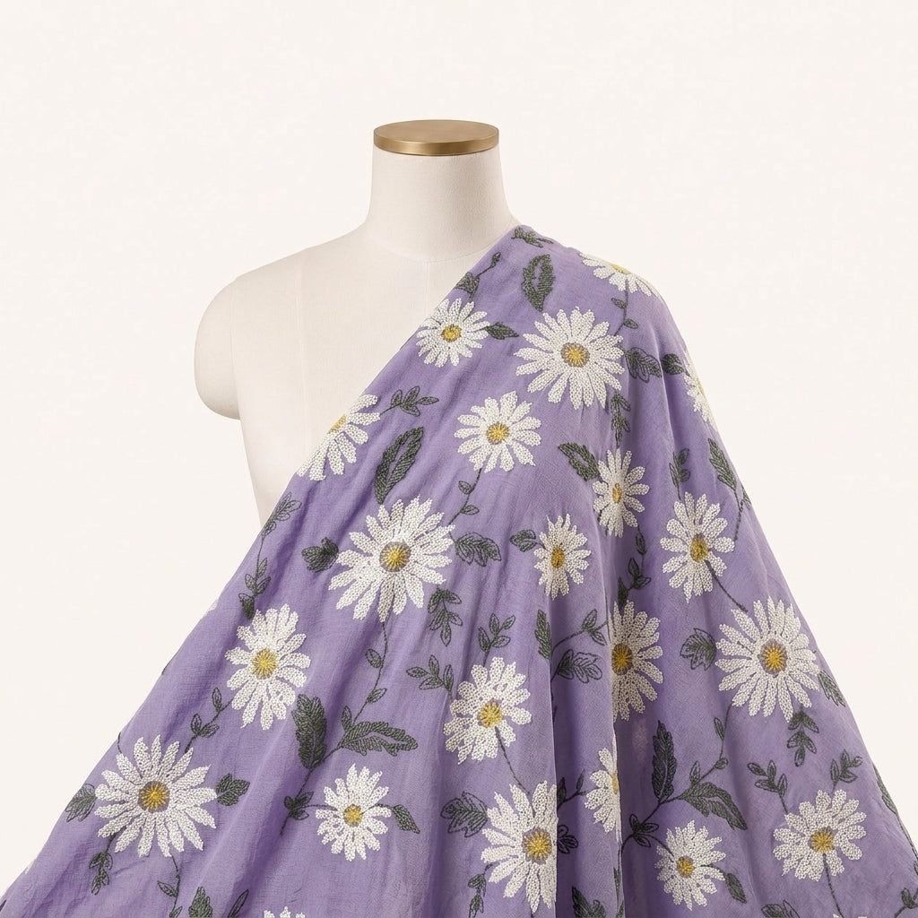 Purple Floral Embroidery Georgette Fabric, draped as a saree