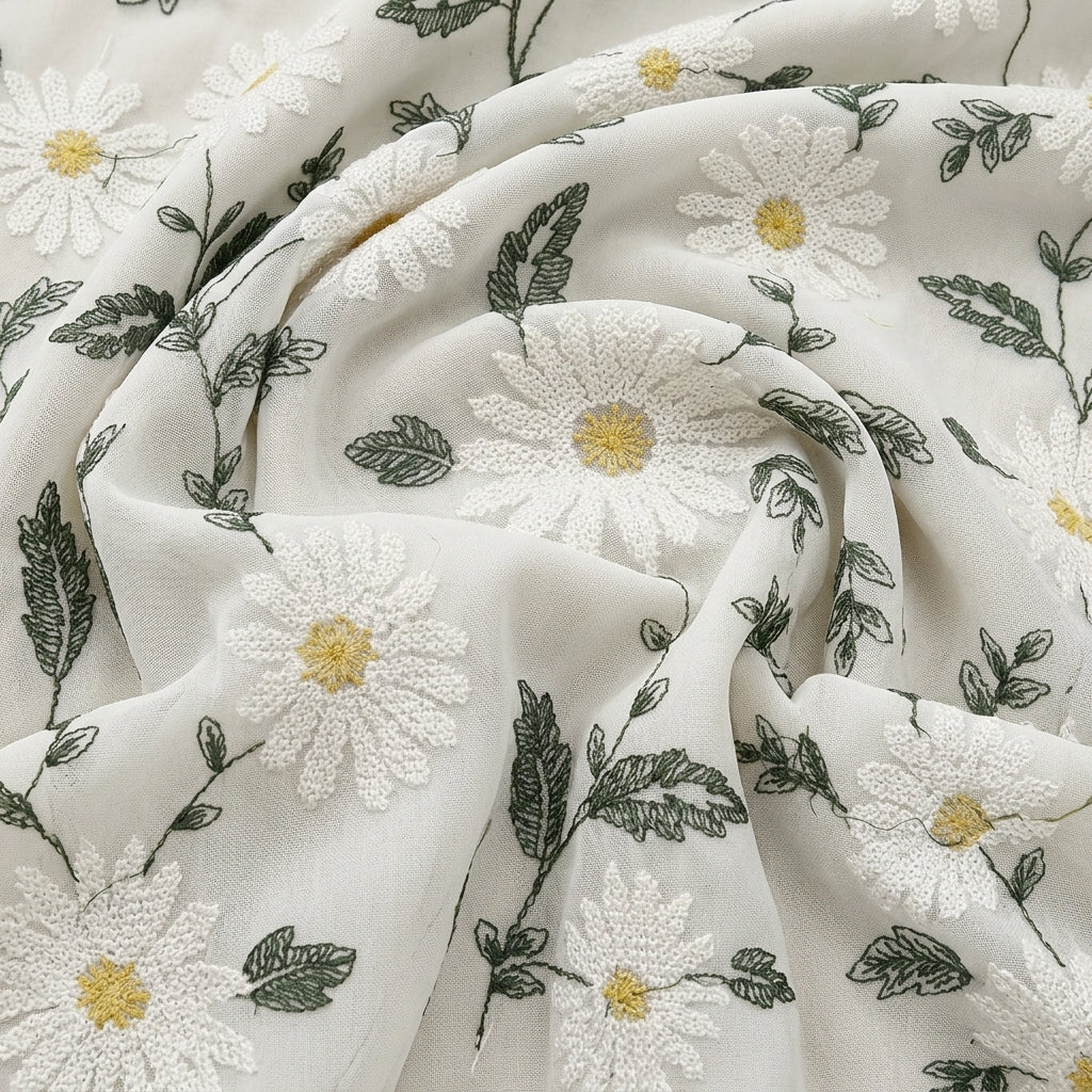 White Floral Embroidery Georgette Fabric, swirled to show the drape