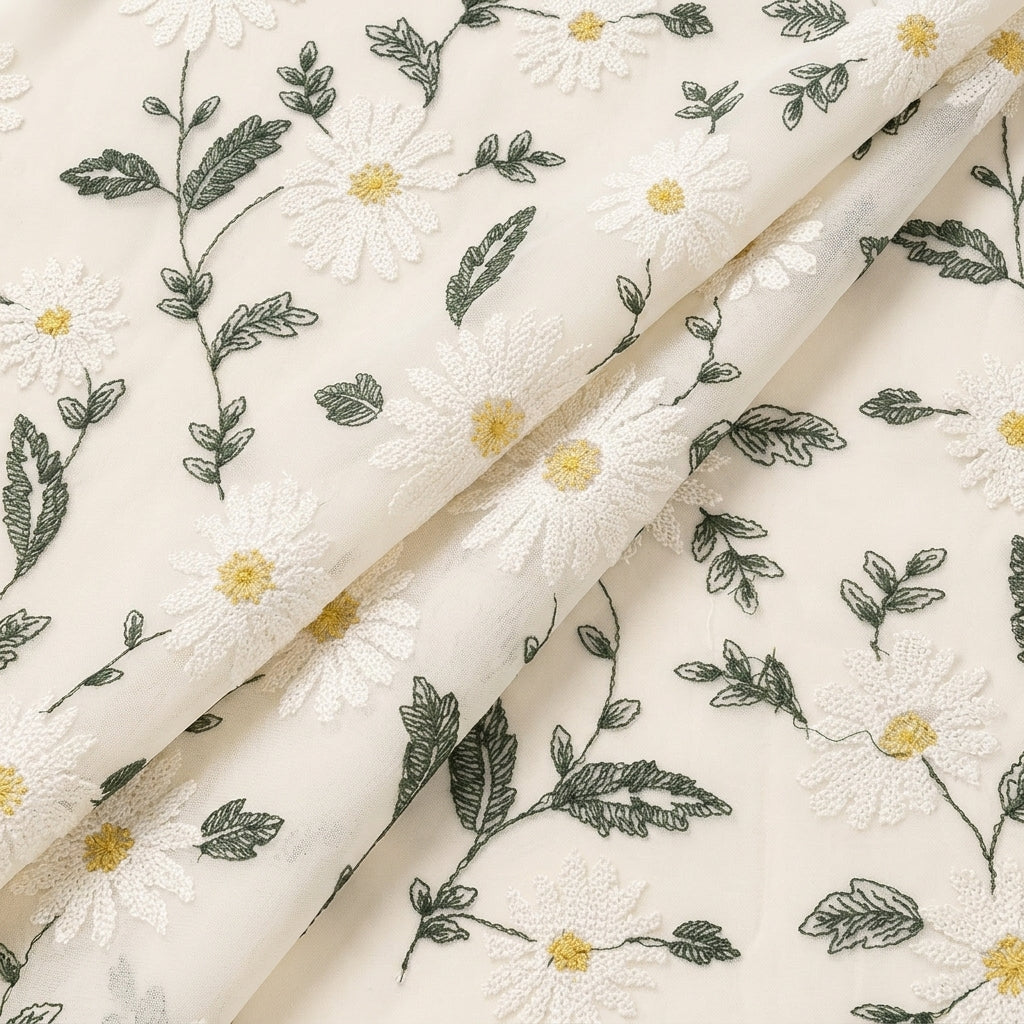 White Floral Embroidery Georgette Fabric, folded