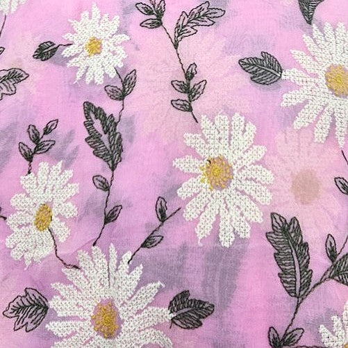 Pink Floral Embroidery Georgette Fabric, laid flat