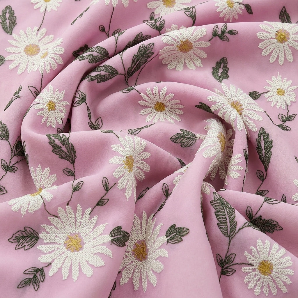 Swirled Pink Embroidery Georgette Fabric Showing Floral and Drape