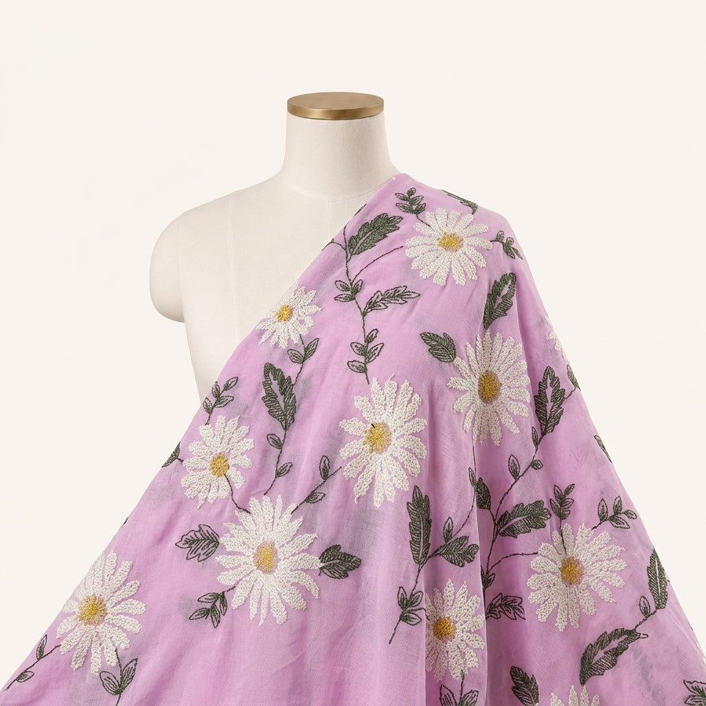 Pink Floral Embroidery Georgette Fabric, draped as a saree