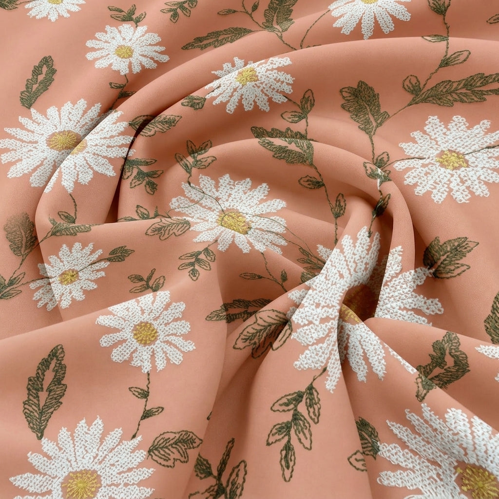 Swirled Peach Embroidery Georgette Fabric Showing Floral and Drape