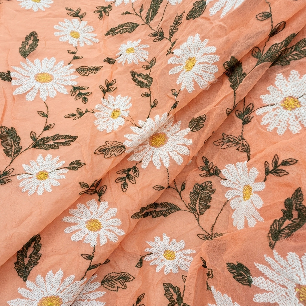 Peach Floral Embroidery Georgette Fabric, folded