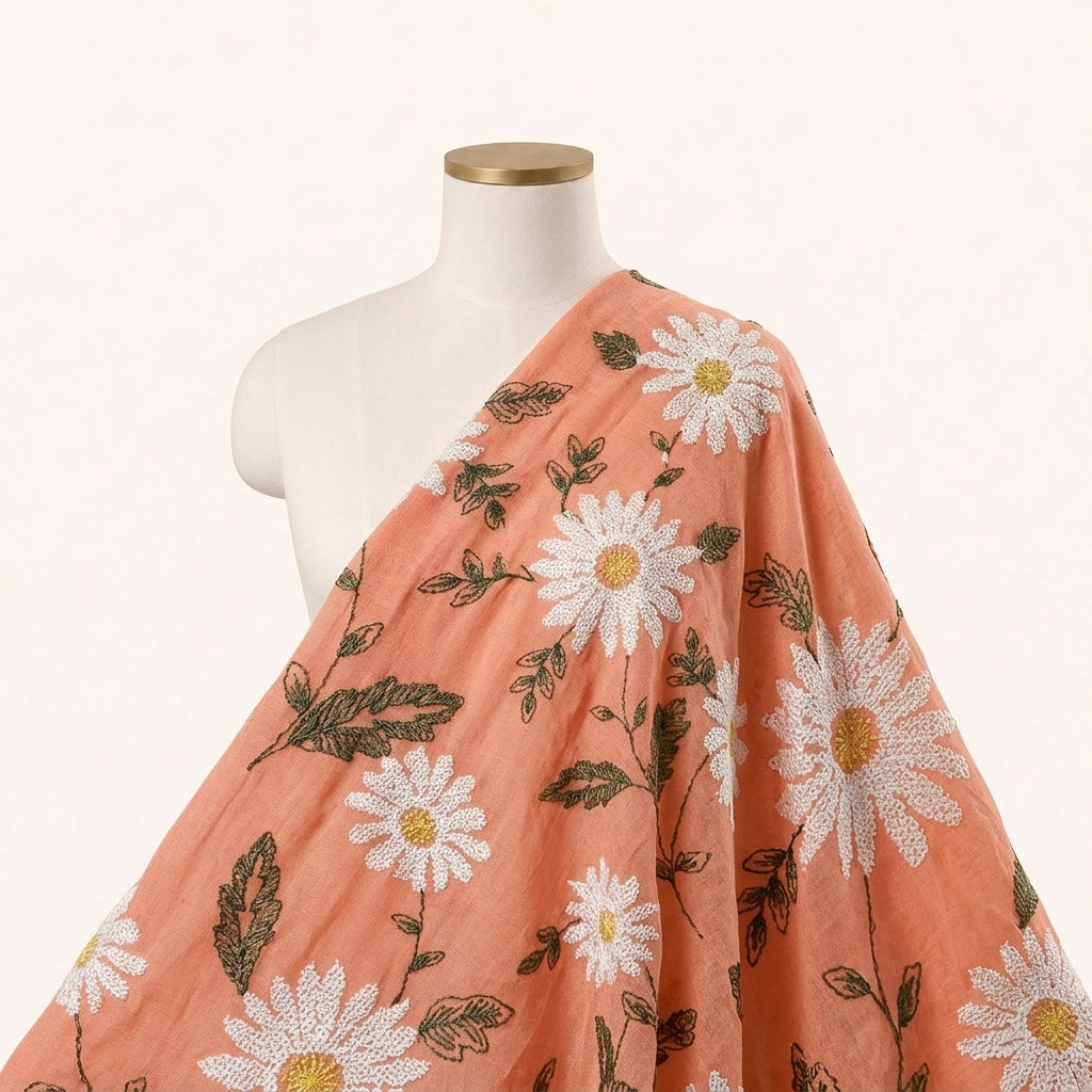 Peach Embroidery Georgette Fabric Draped as a saree