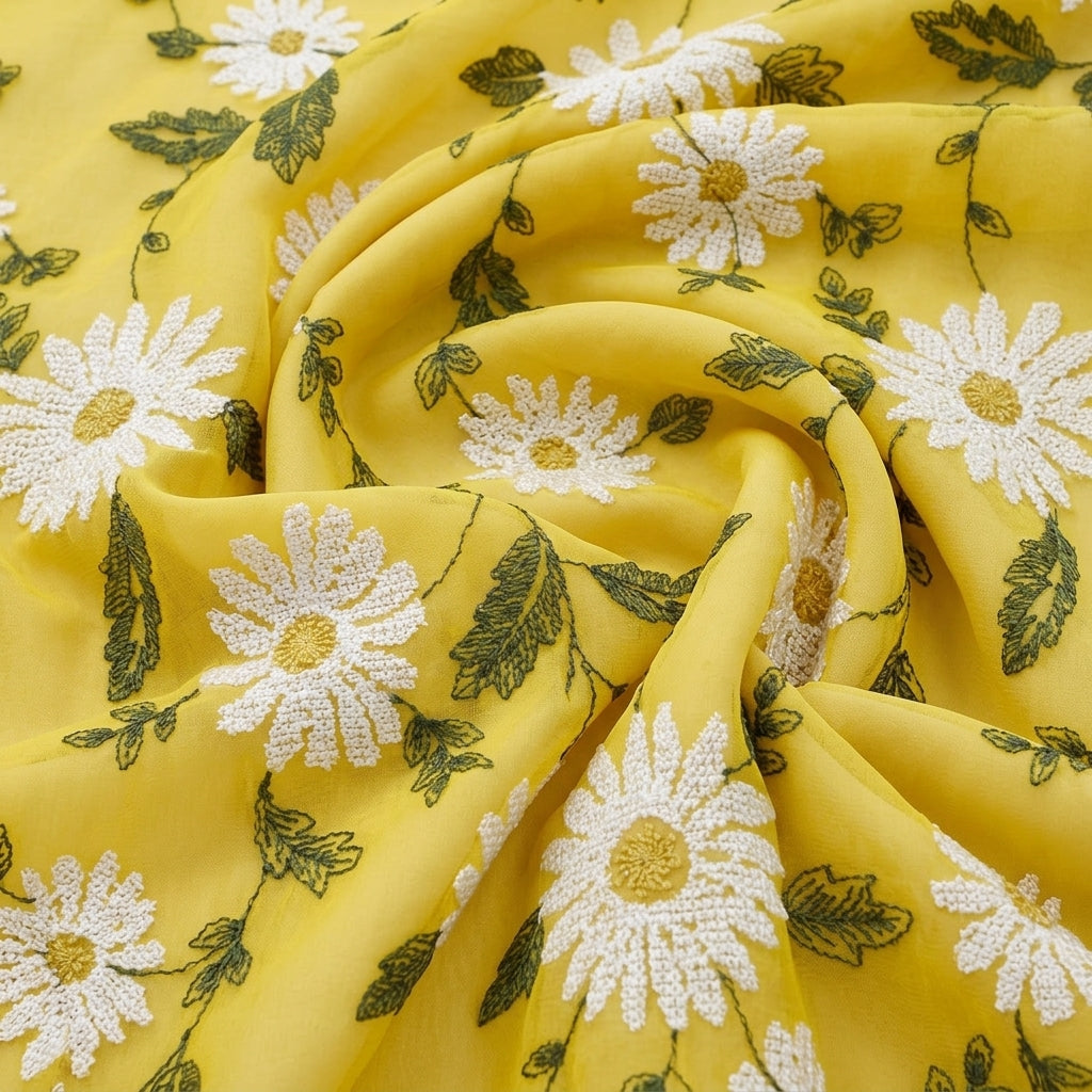 Swirled Yellow Embroidery Georgette Fabric Showing Floral and Drape