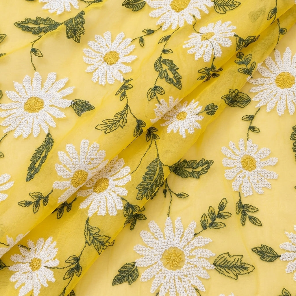 Folded Yellow Embroidery Georgette Fabric