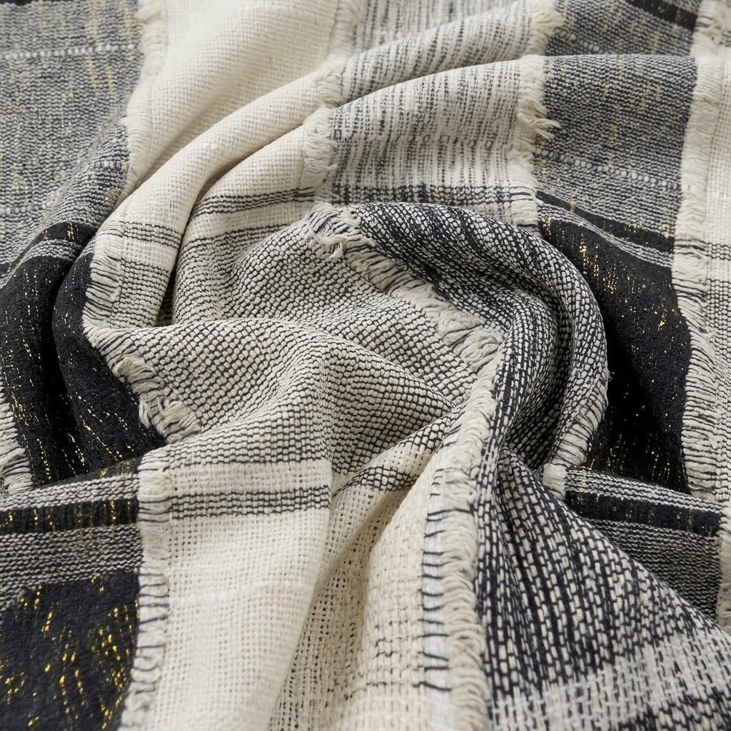 Swirled Black Embroidery Jute Fabric Showing Thread Work Zari Checked and Drape