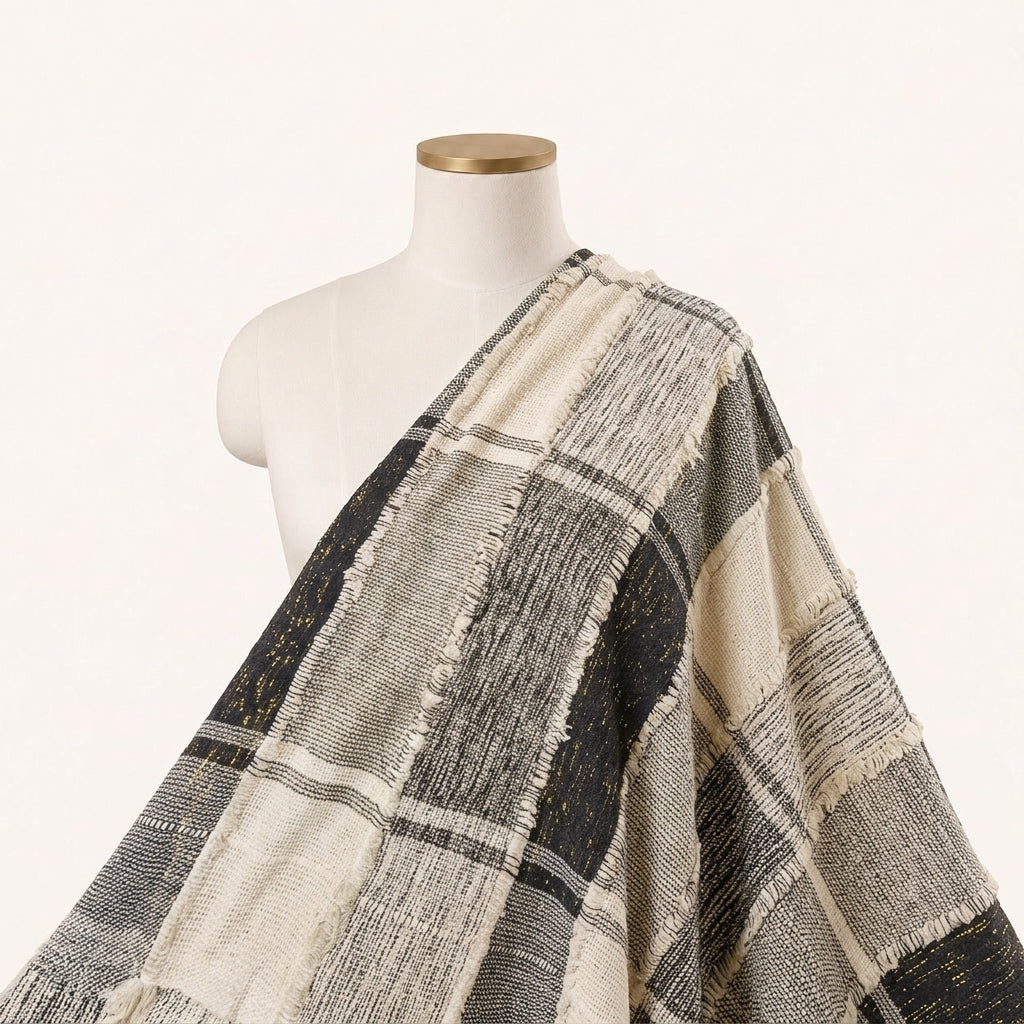 Black Embroidery Jute Fabric, draped as a saree
