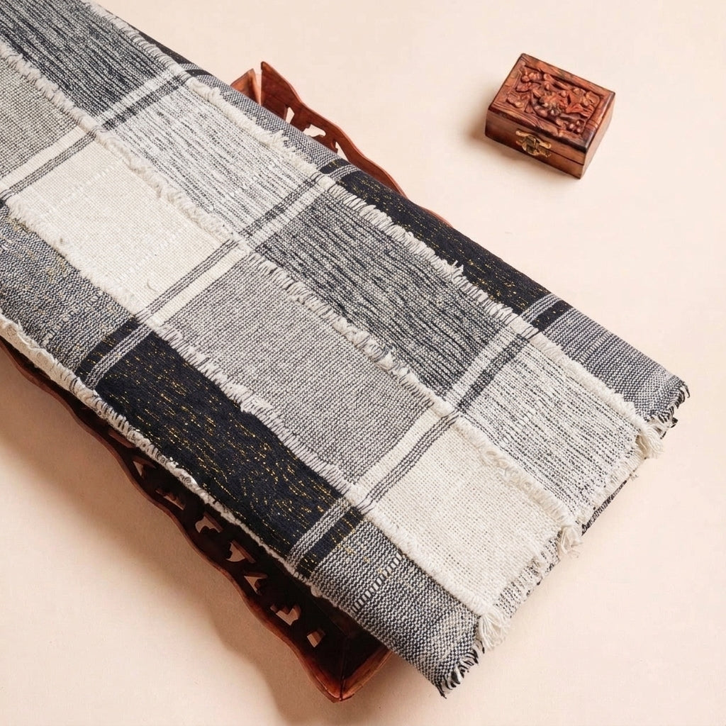 Folded Black Embroidery Jute Fabric Highlighting Thread Work Zari Checked and Texture