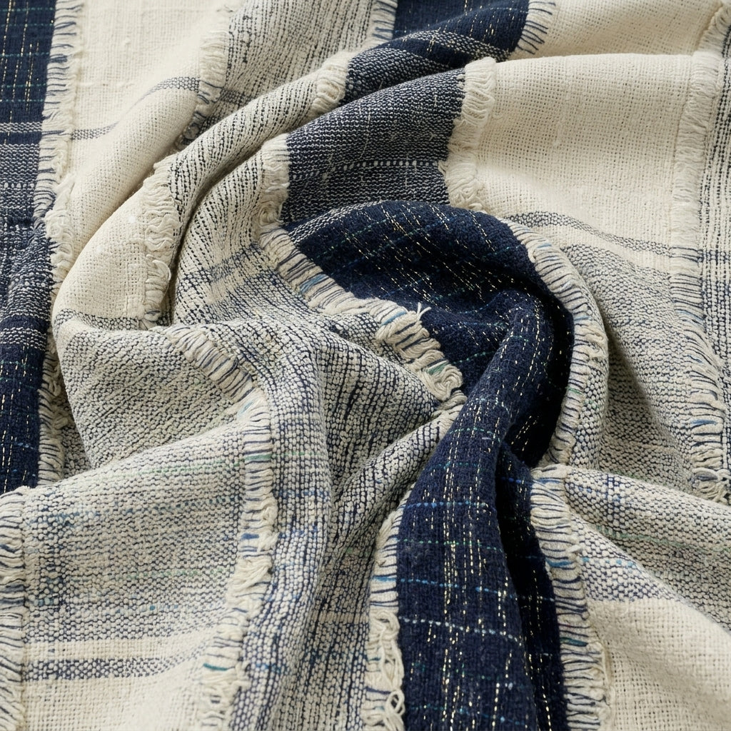 Swirled Blue Embroidery Jute Fabric Showing Thread Work Zari Checked and Drape