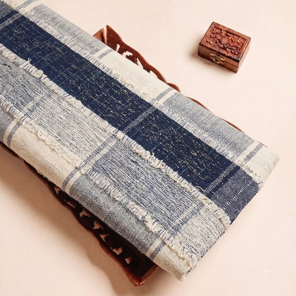 Blue Embroidery Jute Fabric, folded