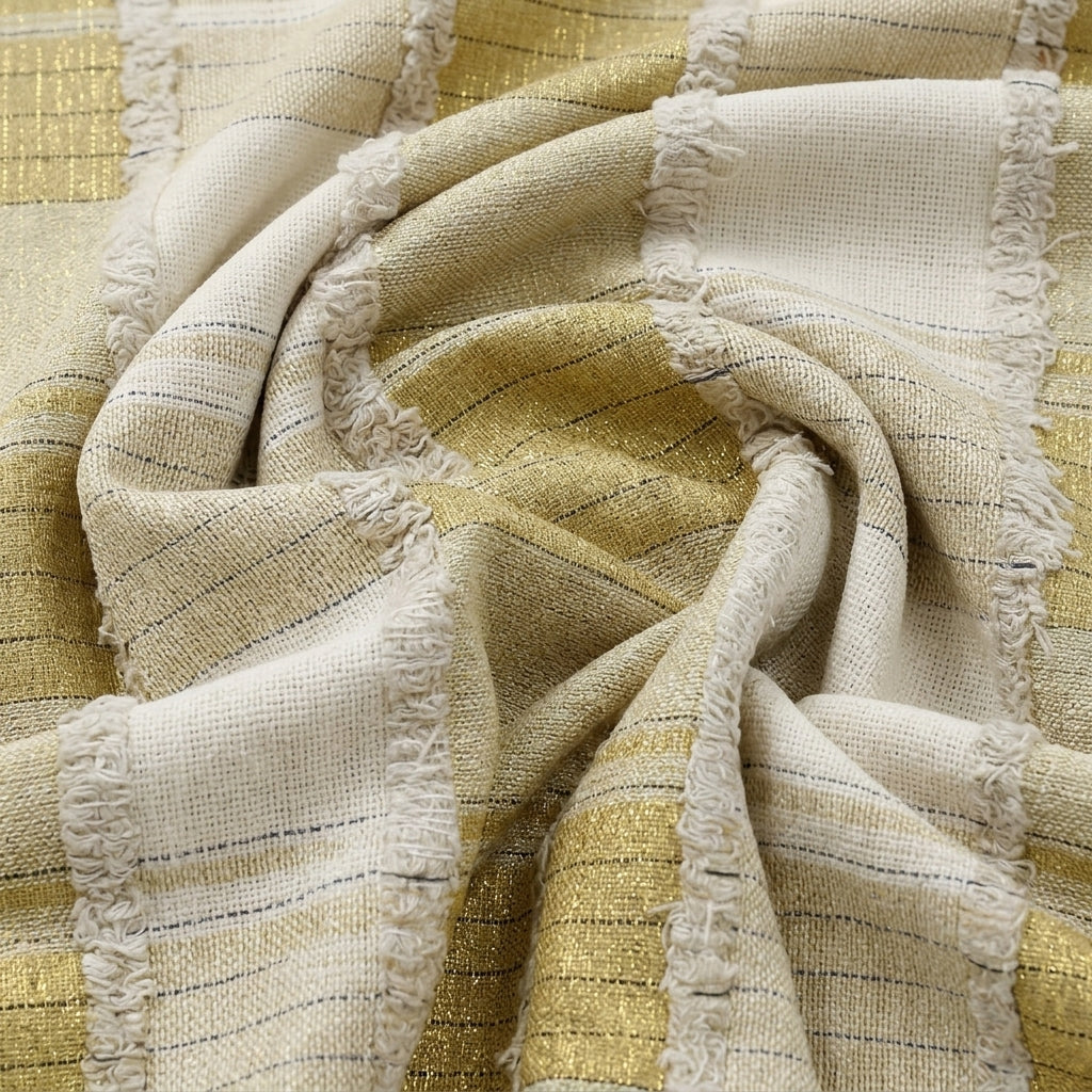 Swirled Yellow Embroidery Jute Fabric Showing Thread Work Zari Checked and Drape