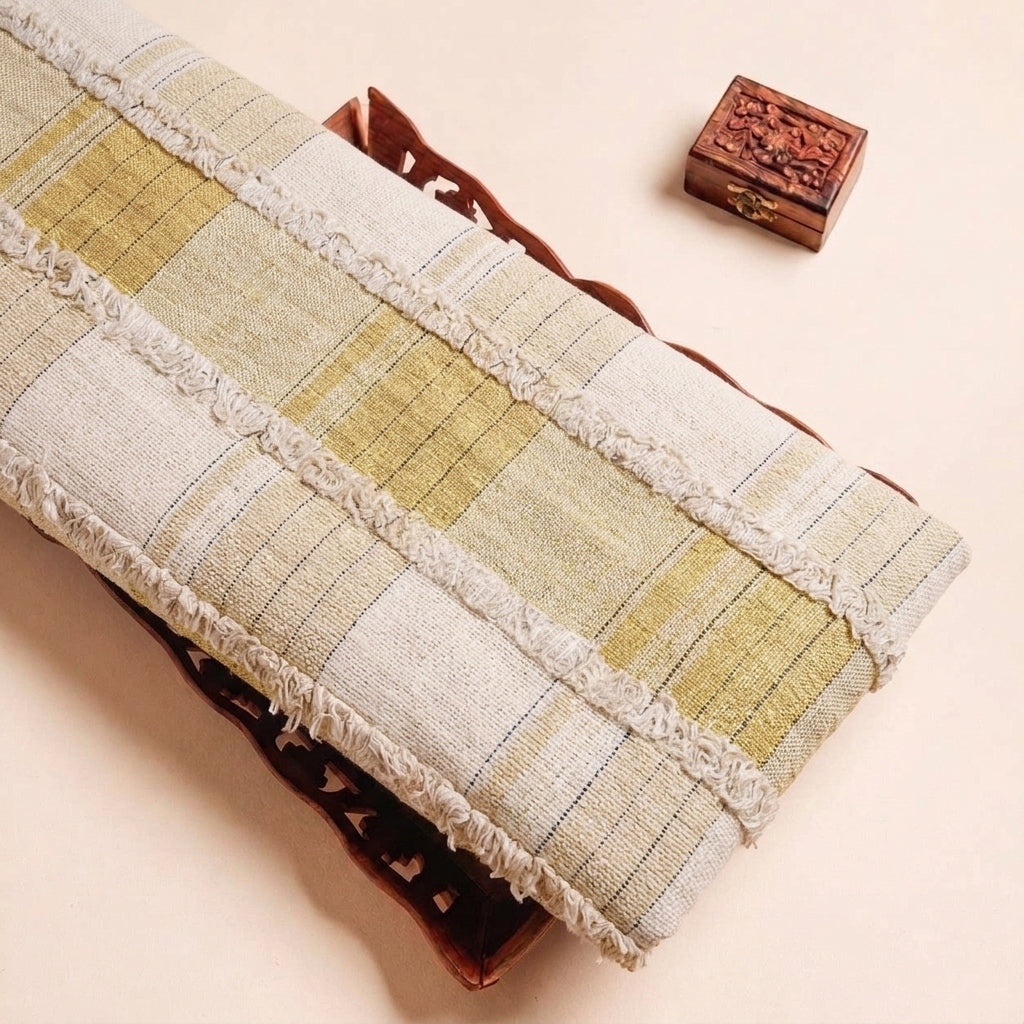 Folded Yellow Embroidery Jute Fabric Highlighting Thread Work Zari Checked and Texture