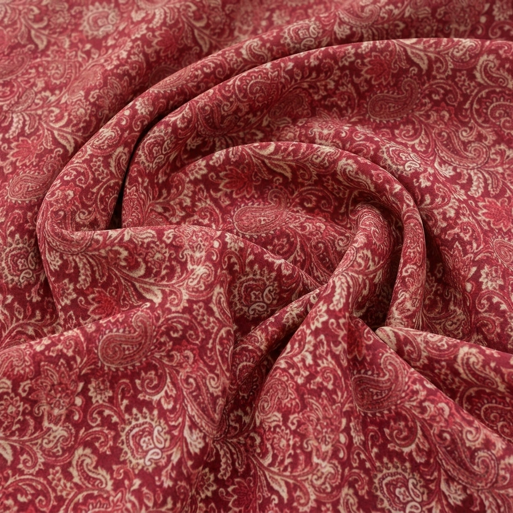 Maroon Paisley Crepe Fabric, swirled to show the drape