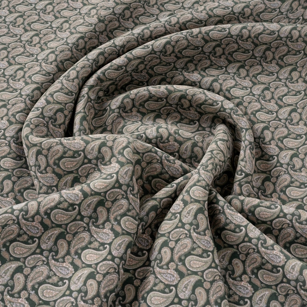 Swirled Green Paisley Crepe Fabric Showing Drape