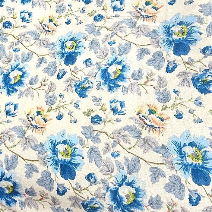 Blue Floral Crepe Fabric, laid flat