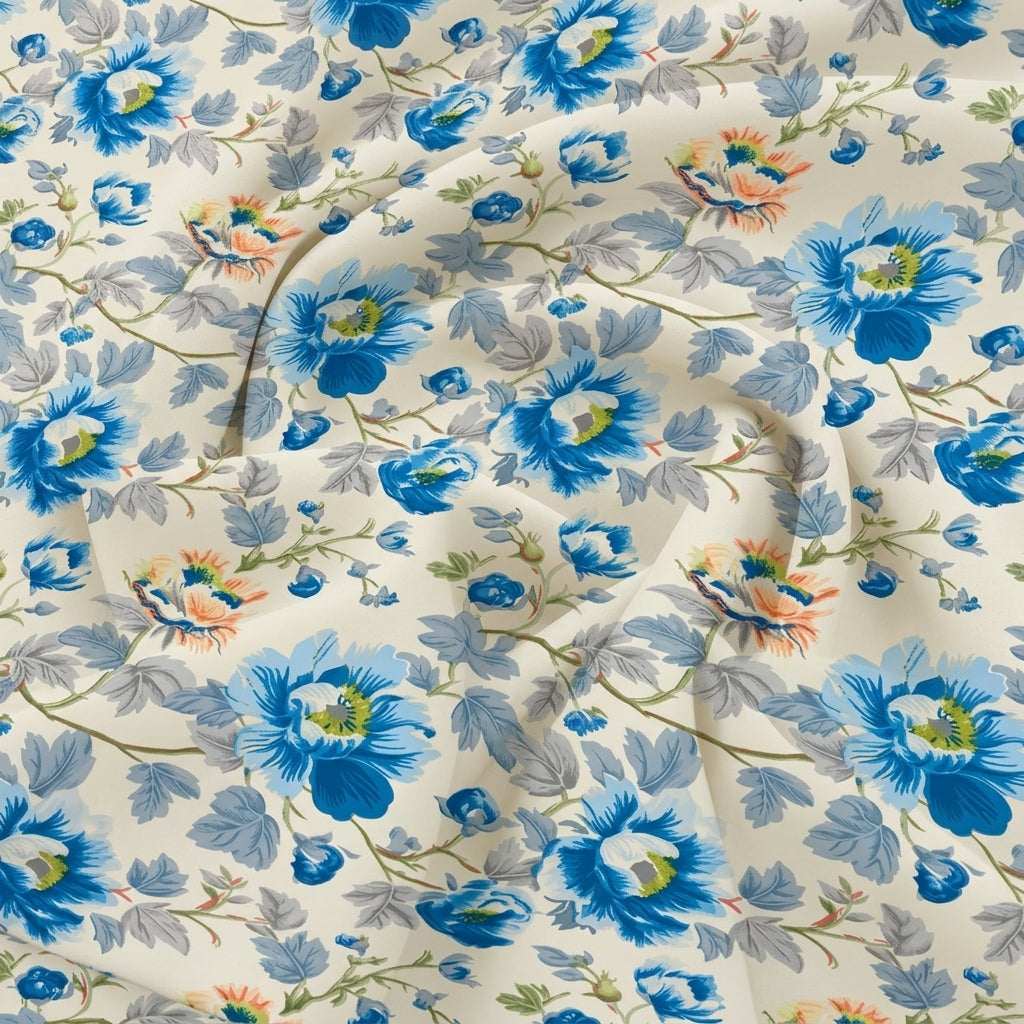 Swirled Cream Floral Crepe Fabric Showing Drape