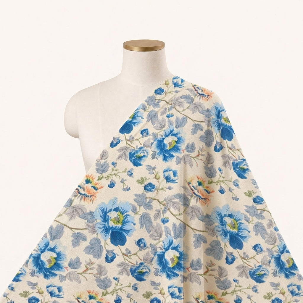 Cream Floral Crepe Fabric Draped as a saree