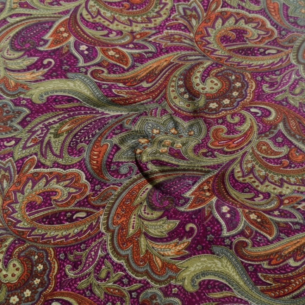 Swirled Pink Paisley Crepe Fabric Showing Drape