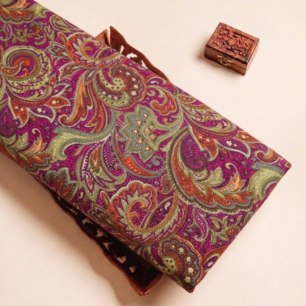 Pink Paisley Crepe Fabric, folded