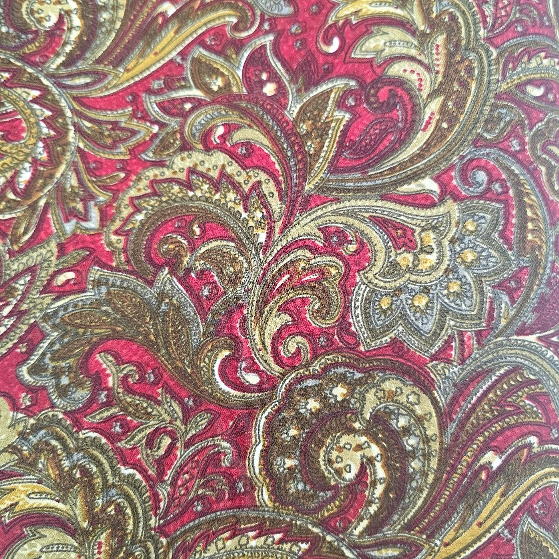 Red Paisley Crepe Fabric, laid flat