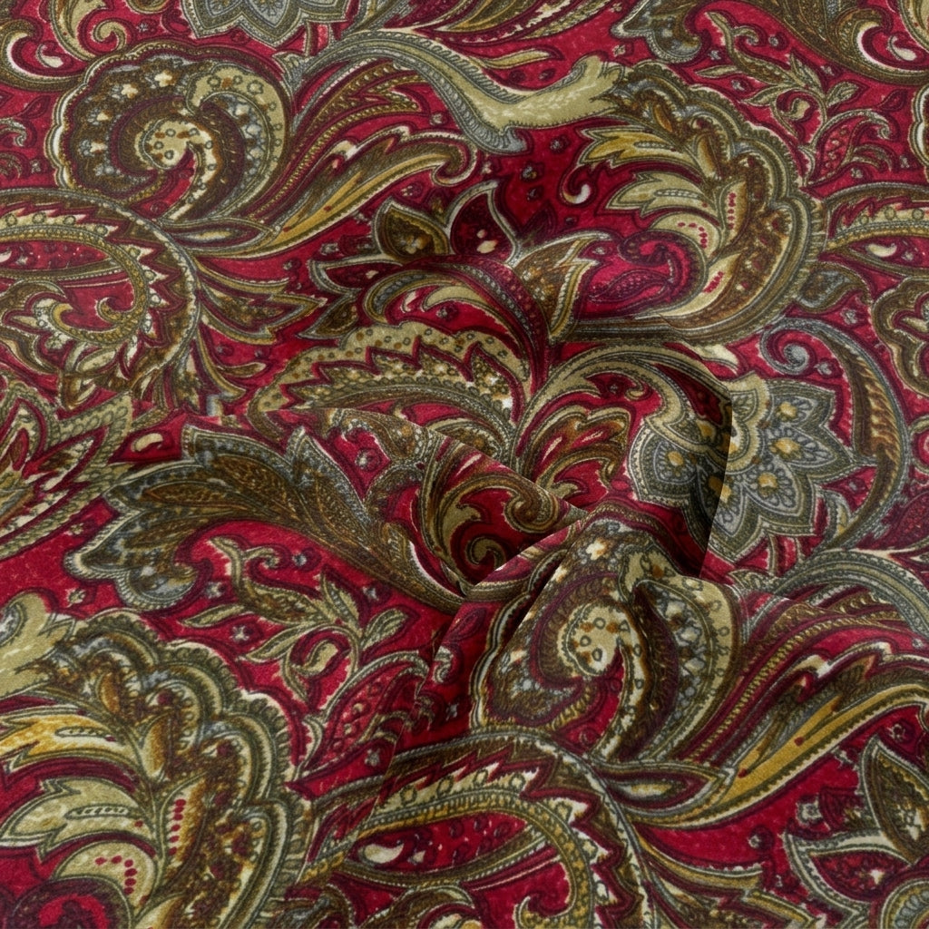 Swirled Red Paisley Crepe Fabric Showing Drape