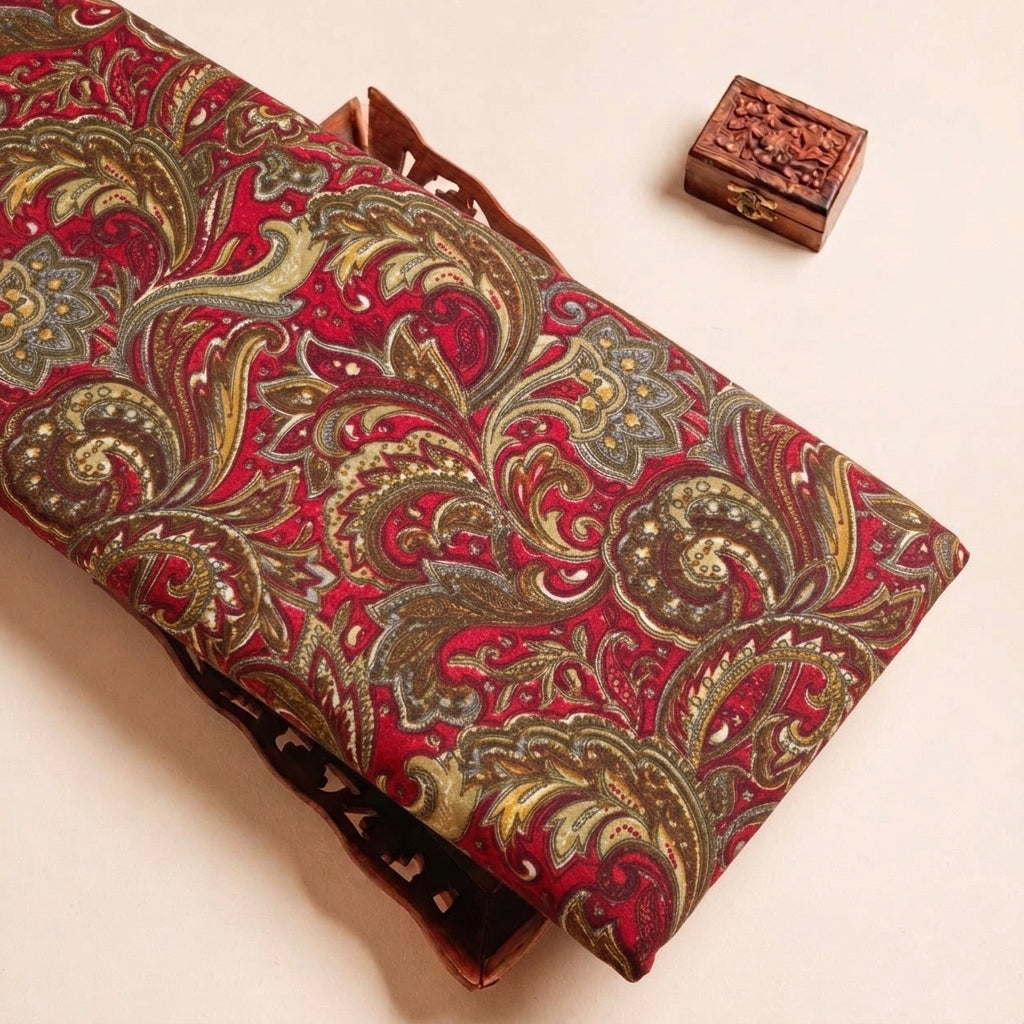 Red Paisley Crepe Fabric, folded
