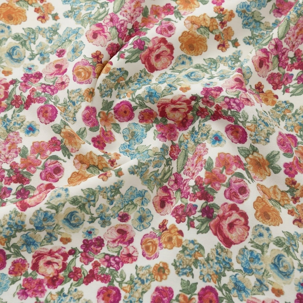 Cream Floral Crepe Fabric, swirled to show the drape