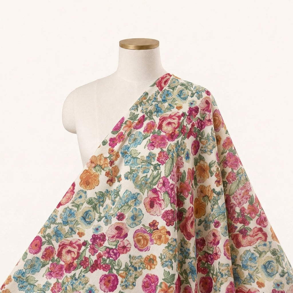 Cream Floral Crepe Fabric Draped as a saree