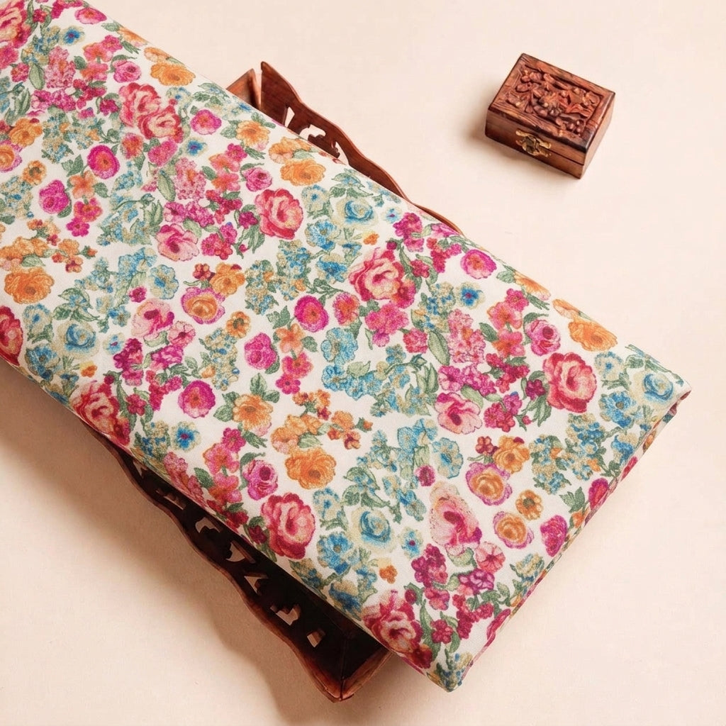 Folded Cream Floral Crepe Fabric Highlighting Texture