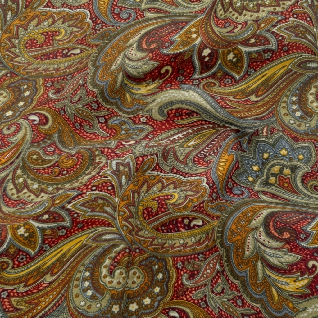Yellow Paisley Crepe Fabric, swirled to show the drape