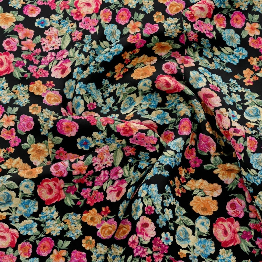 Swirled Black Floral Crepe Fabric Showing Drape
