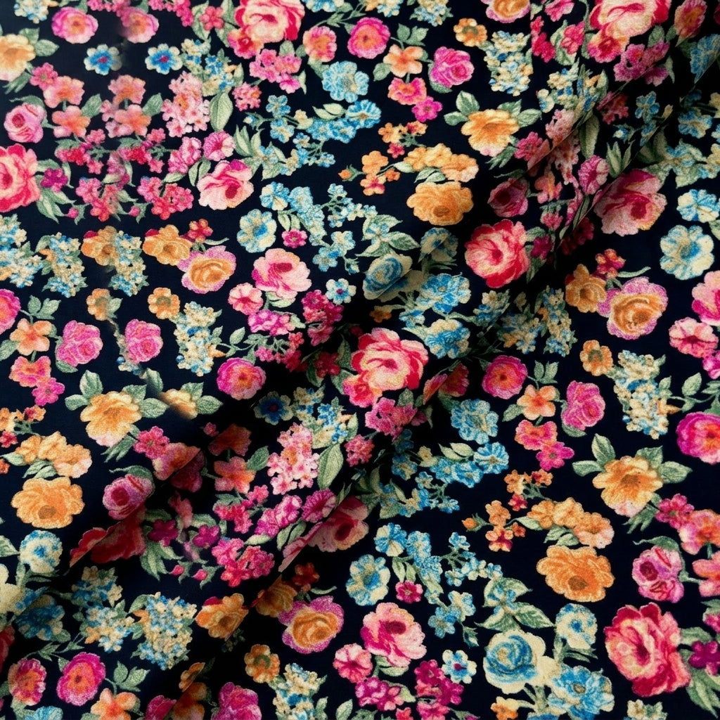 Folded Black Floral Crepe Fabric