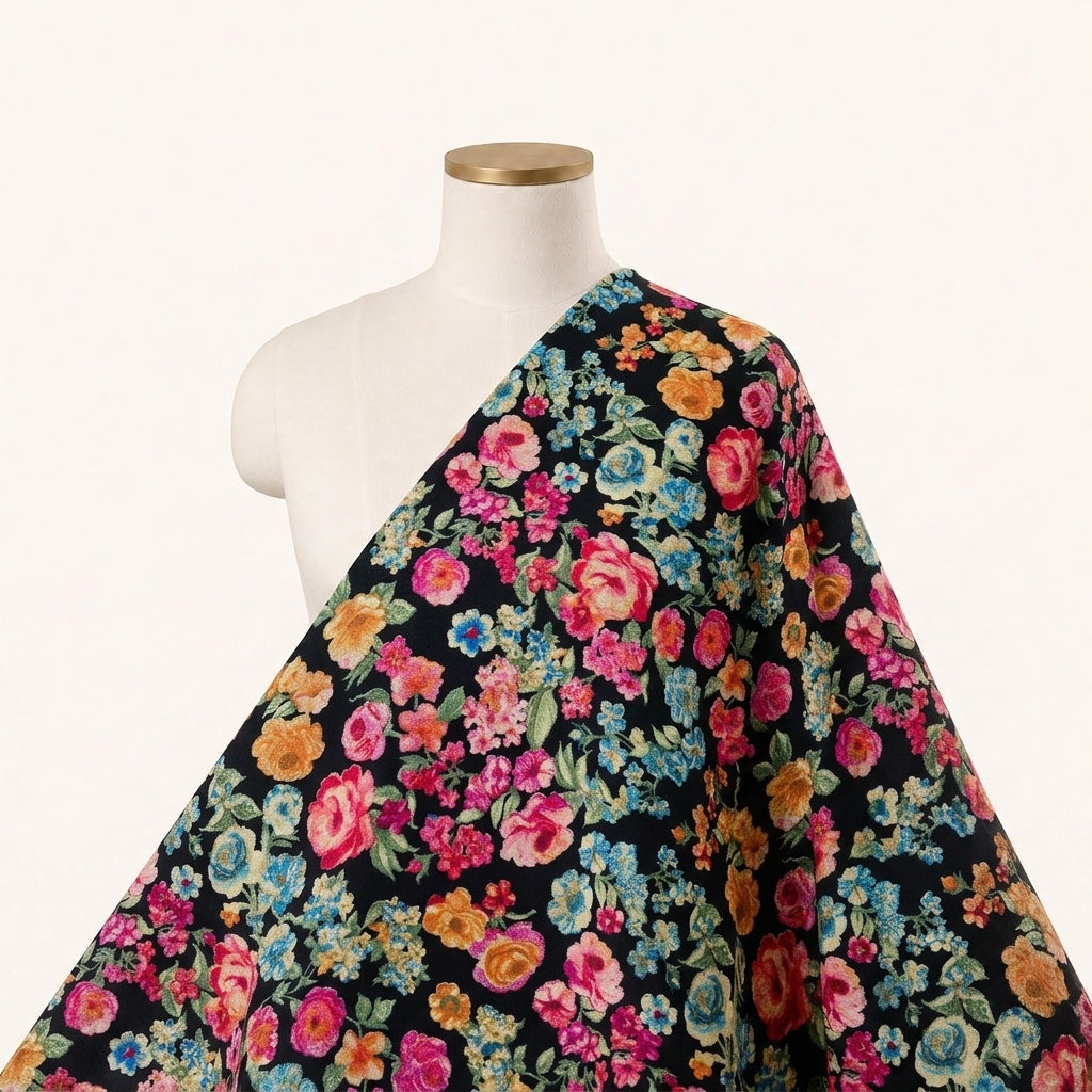 Black Floral Crepe Fabric Draped as a saree