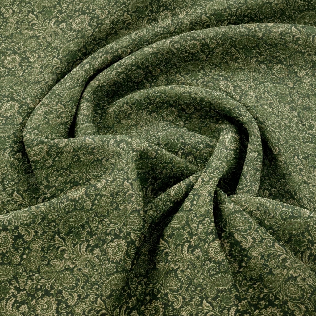 Swirled Green Paisley Crepe Fabric Showing Drape