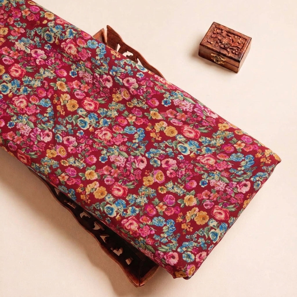 Folded Pink Floral Crepe Fabric Highlighting Texture