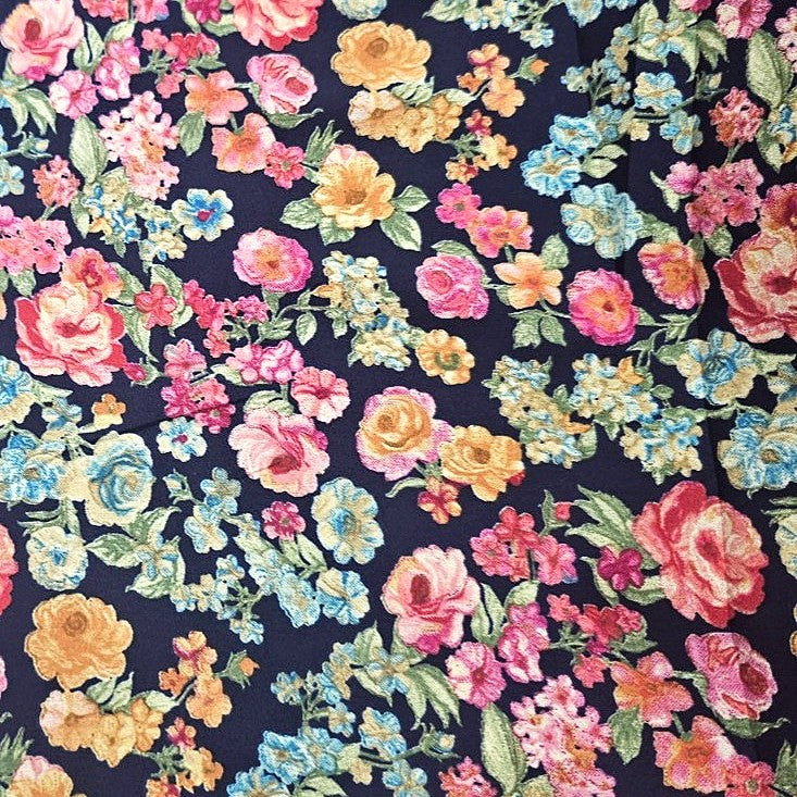Navy Blue Floral Crepe Fabric, laid flat