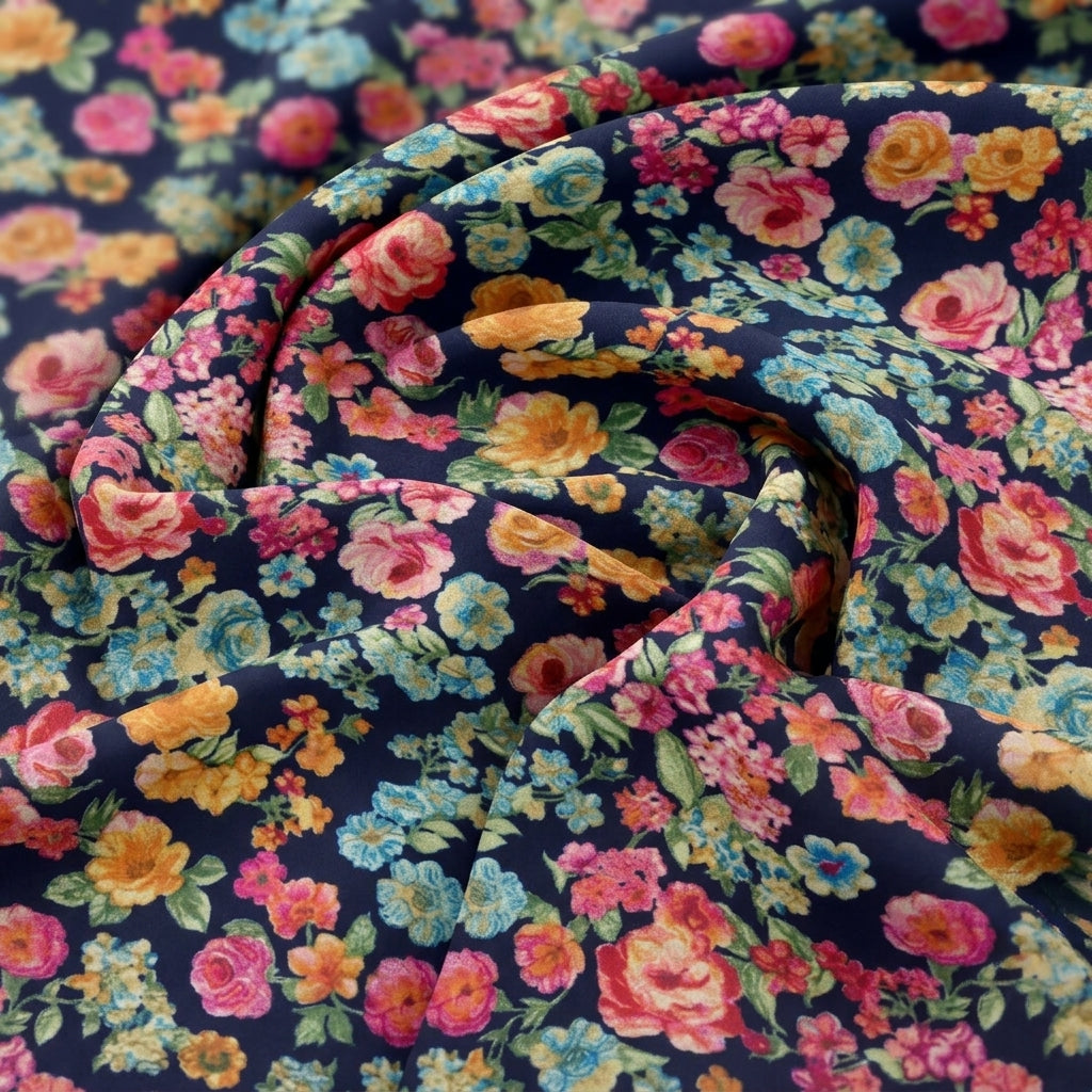 Swirled Navy Blue Floral Crepe Fabric Showing Drape